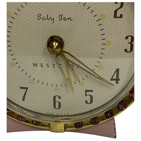 Westclox Baby Ben Clock Hers Pink Rhinestone Gold Tone Wind Up Alarm UV Reactive - Picture 7 of 10